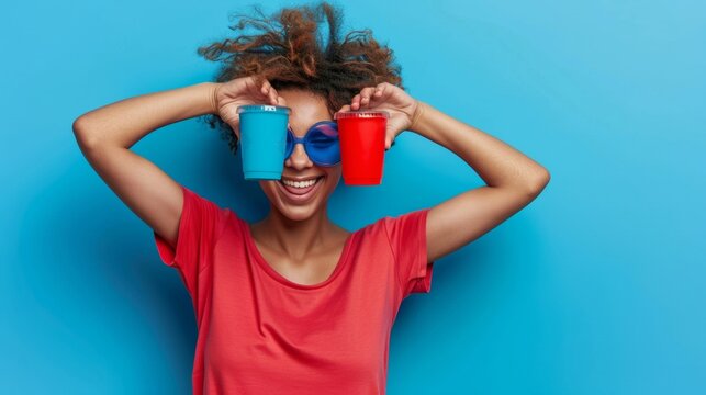 Excited woman creating a patriotic look with party cups and vibrant blue eyewear. This image, showcasing celebration and fun, is excellent for health drink advertising during American summer holidays