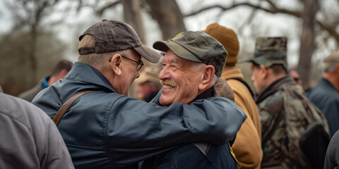 Fototapeta premium Senior Veterans Reuniting and Embracing Outdoors During a Gathering Event