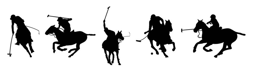 silhouette set of polo player. sport, horse, competition. different action, pose. vector illustration.