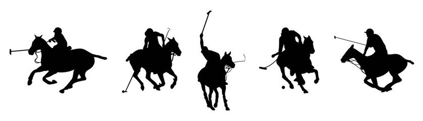 silhouette set of polo player. sport, horse, competition. different action, pose. vector illustration.