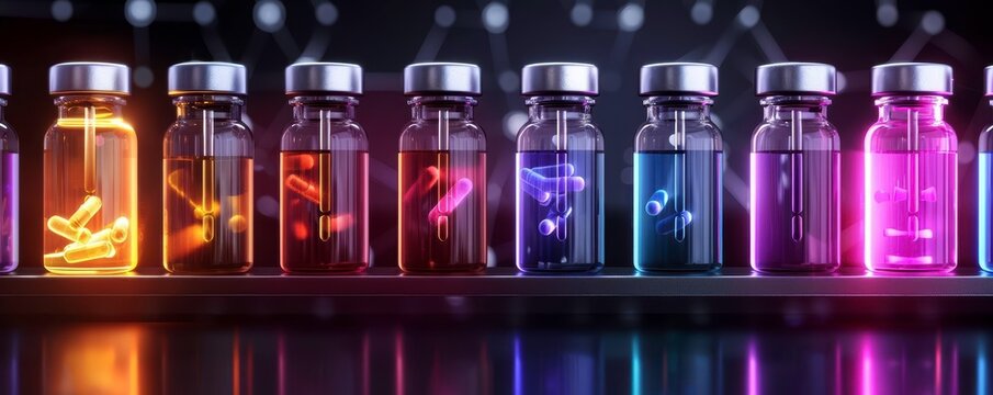 Shelf with various antioxidant extracts in dark bottles