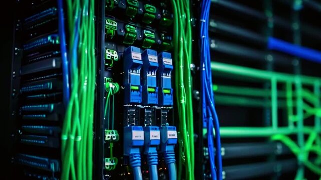 The video shows a close-up of a server rack with many blue and green cables plugged into various ports.