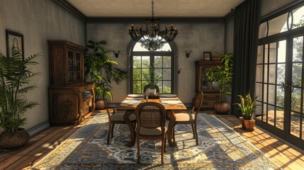 Fototapeta premium A Sunlit Dining Room with Traditional Furnishings