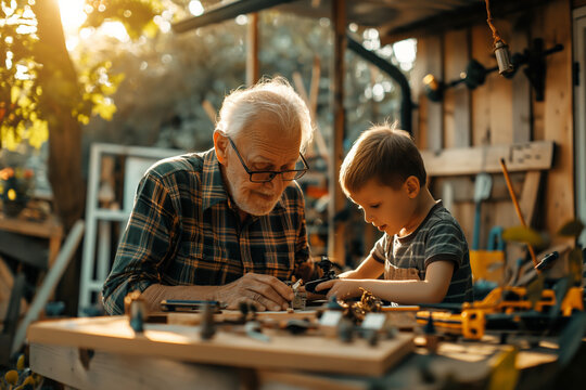 Grandfather teaching grandson woodworking skills in cozy workshop, cross-generational learning concept