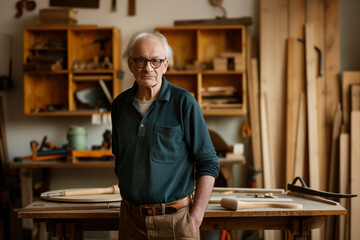 Elderly man in woodworking workshop, surrounded by tools, lumber, engaged in carpentry, senior hobby, woodworking studio concept