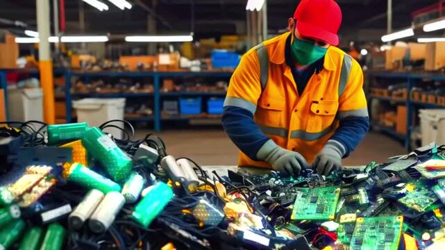 The video shows a man wearing a yellow jumpsuit, red hat, and face mask sorting through a pile of electronic waste, including batteries and circuit boards.