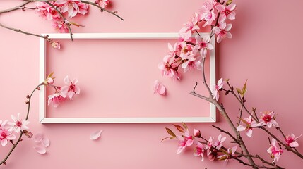 Fototapeta premium Blank wooden frame with flower blossoms on pink background