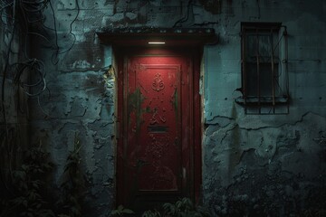 Old red door with peeling paint on a weathered wall.