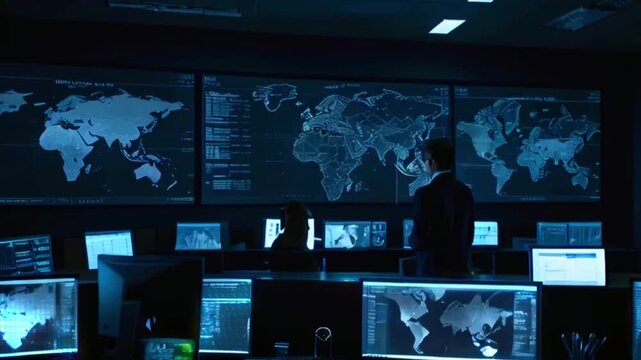 A dark room with several computer screens. The screens show a map of the world. There are two people in the room.