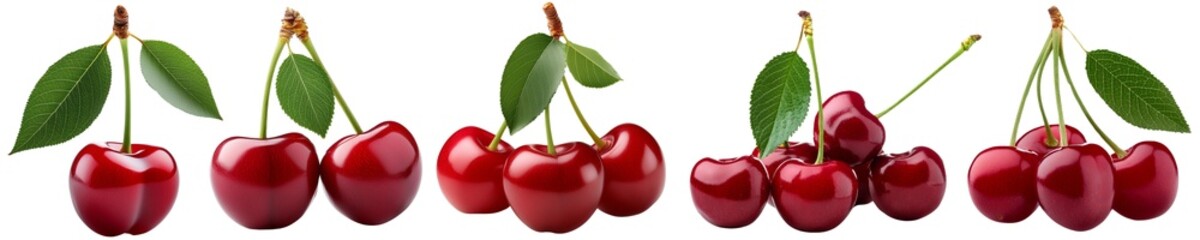 Set of Fresh Red Cherries with Leaves collection cut out transparent isolated on white background PNG