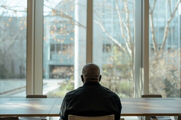 Man sitting alone in modern office, looking out of large windows, contemplating, solitude concept