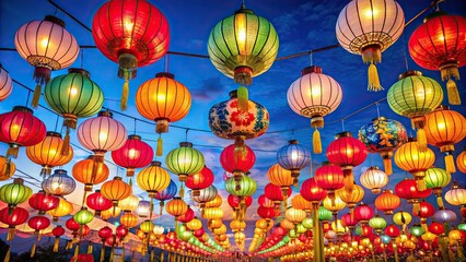 Vibrant festival lanterns illuminating the night sky during Chinese holiday season, lanterns, colorful, festival