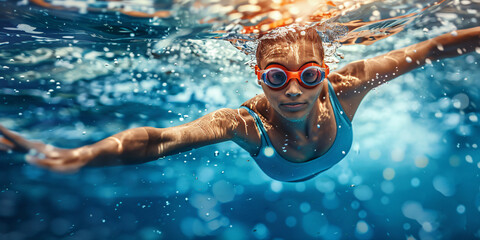 Naklejka premium hispanic woman with a determined expression is swimming underwater in a pool.