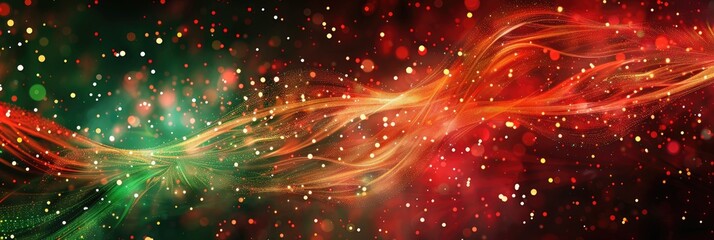 Fototapeta premium Abstract red and green Christmas background with shimmering auroras