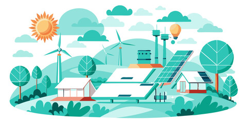 Eco-Friendly Power: Solar Cells in Solar Farms Art Illustration.