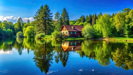 Obraz premium House on the tranquil lake surrounded by green trees and clear blue skies, serene, waterfront, nature, peaceful, home