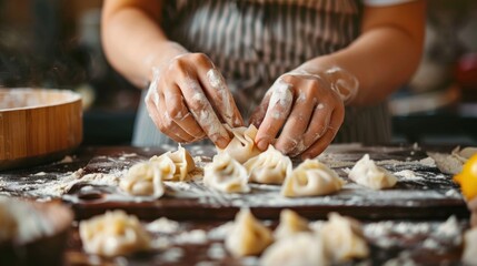A woman is making dumplings in a kitchen