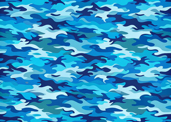 Seamless vector illustration of classic camouflage sport pattern in blue sea texture, ideal for kids' clothing, featuring a repeat print design for boys and girls.