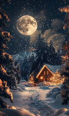 Fototapeta premium Enchanting Winter Night at a Cozy Snow-Covered Cabin Under a Full Moon
