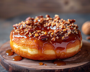 Gourmet Caramel Glazed Doughnut with Toppings on a Dark Surface