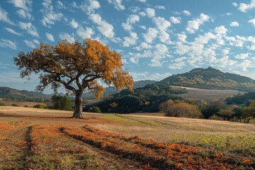 Naklejka premium A stunning autumn scene featuring a forest and river with leaves scattered