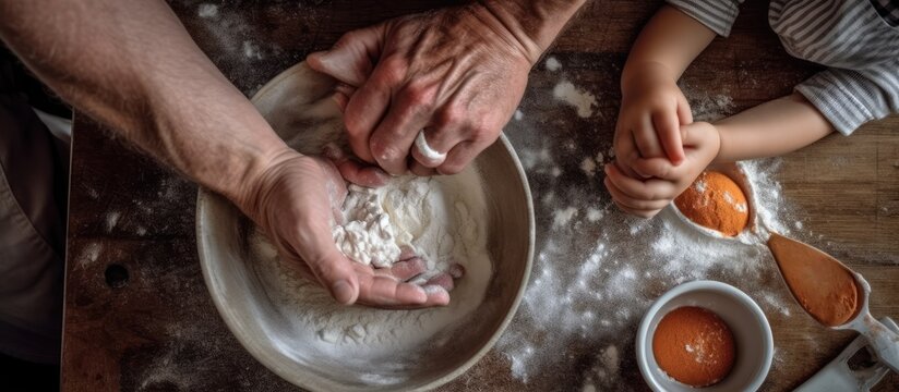 Hands of a chaf father and little son making cakes on the table in the kitchen