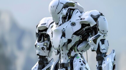 Fototapeta premium Anime robot in military colors, 3D rendered with a mono lens, futuristic and detailed design