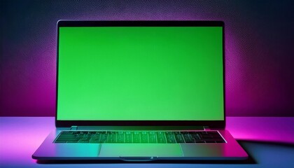 Laptop computer with chroma key green screen on colorful neon background.