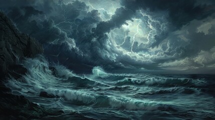 Fototapeta premium Intense Ocean Storm with Dark Clouds and Crashing Waves