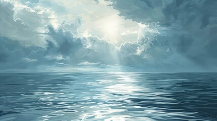 Serene Ocean Scene with Dramatic Clouds and Sunlight Rays
