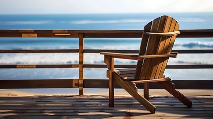 empty chair on a balcony deck overlooking the beach and the ocean