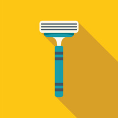Blue safety razor casting long shadow on yellow background, flat style illustration
