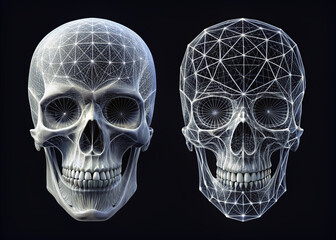 Teschio umano vista frontale e laterale, illustrazione geometrica di linee bianche sullo sfondo nero