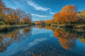 Obraz premium A stunning autumn scene featuring a forest and river with leaves scattered