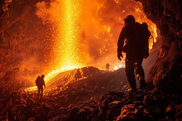 Obraz premium Silhouettes of people walking through a cave with a glowing lava flow.