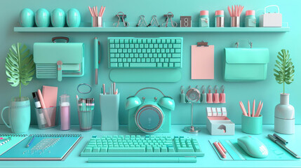 A beautifully organized office workspace in pastel mint and pink colors, featuring various office supplies, plants, and decor items.
