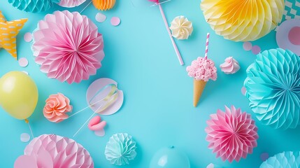 Flat lay party decoration concept on pastel colored background