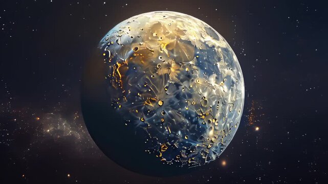 Exploring an imaginary planet with metallic surface and craters in a starry sky