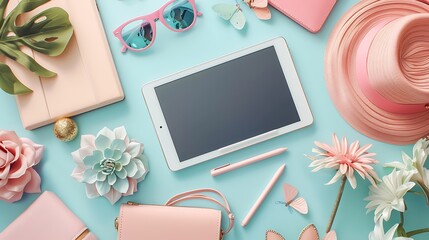 Flat lay with woman fashion accessories in pastel colors and tablet mockup