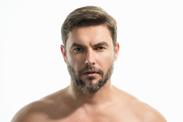 Fototapeta premium Close up portrait of half naked man 40s . Handsome serious middle aged man with fresh perfect smooth skin. Portrait of a beautiful man with perfect faces skin. Face care, male cosmetics.