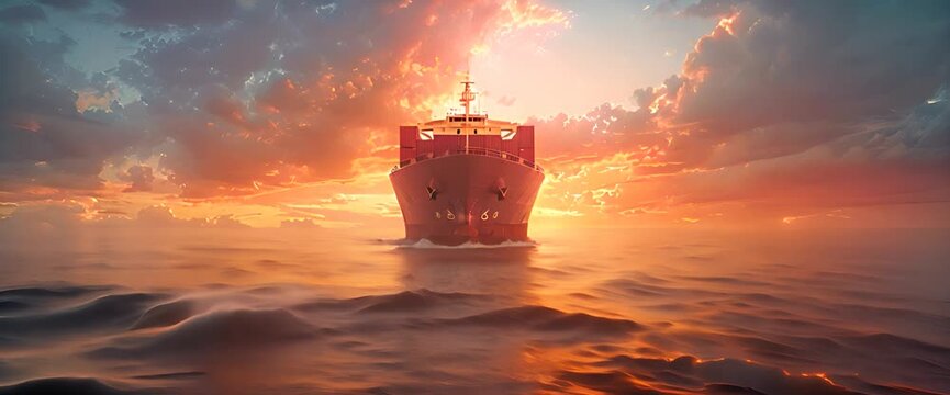 Aerial front view of cargo container ship with contrail in the ocean ship carrying container and running for export concept technology freight shipping by ship forwarder mast