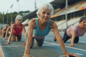 Fototapeta premium Athletic older women train at the stadium during a group workout
