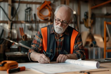 Senior carpenter, working on a blueprint at his workshop, wears protective vest and glasses, surrounded by tools and wooden materials, woodworking concept