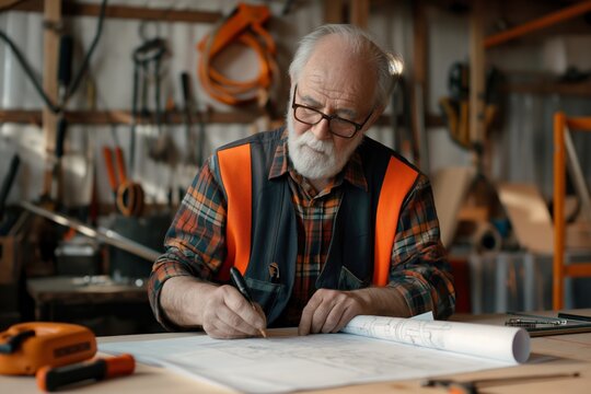 Senior carpenter, working on a blueprint at his workshop, wears protective vest and glasses, surrounded by tools and wooden materials, woodworking concept