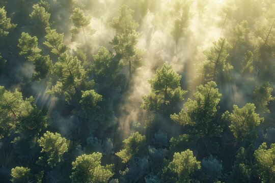 Aerial view of a lush green forest with sunlight filtering through mist, creating a scenic and tranquil atmosphere. Ideal for themes of nature, ecology, tropical environments, and background design.