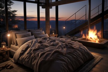 Cozy Cabin Bedroom with Mountain View and Fireplace