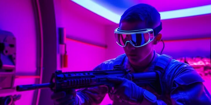 Illuminated Combat Readiness: A Dynamic Cyberpunk Portrait of a Tactical Operator with American Flag Patch and Neon-Pink-Purple Lighting