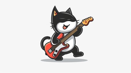 Obraz premium Cat depicted as a guitarist in a cartoon style, with a white background, simple vector design, perfect for stickers and artwork
