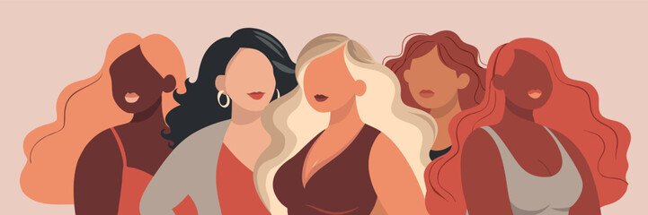 Woman Group Trendy Cartoon Vector Illustration. Female Group Template. Female Character Banner. Feminism and Friendship Concept