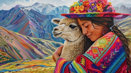 Obraz premium Close-up of a woman in a colorful hat hugging an alpaca, realistic portrait with colorful mountains in the morning light